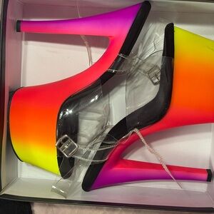 Pleaser Neon Ombre Platform Heels in Pink, Orange, Yellow with Clear Straps